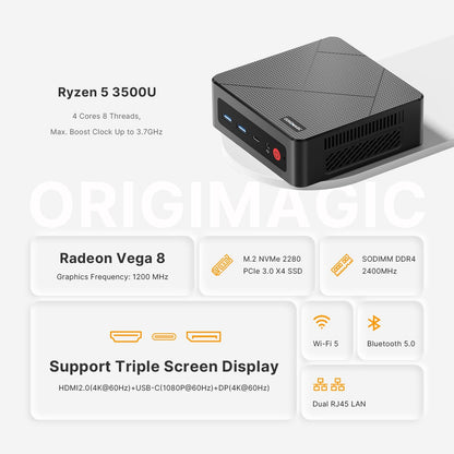 C4 Neo Mini pc, Ryzen 5 3500U(tot 3,7 GHz) minicomputer, 16 GB DDR4, 512 GB SSD, ondersteuning voor drie 4K schermen, WiFi 5/BT5.0/Dual Ethernet, mini desktop voor thuiskantoor