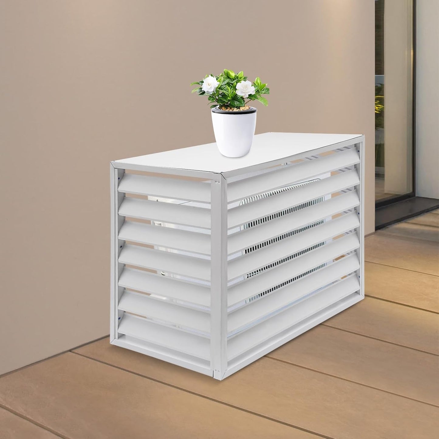 Air Conditioning Cover, Aluminium, Weatherproof, AC Outdoor Unit, Cover with Ventilation Slats, Freestanding Protection Fence for Garden, Balcony and Patio, 110 x 60 x 80 cm (White) - QUORE