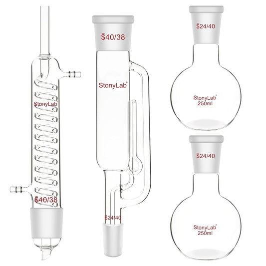 Soxhlet Extractiekit – Extractieset – Extractieopstelling – Laboratoriumset – Extractiesysteem – Inclusief 1 Soxhlet Extractor, 1 Graham Condensor En 2 Vlakbodemkolven 250 Ml – G3.3 Borosilicaatglas – Hittebestendig Tot 250 °C