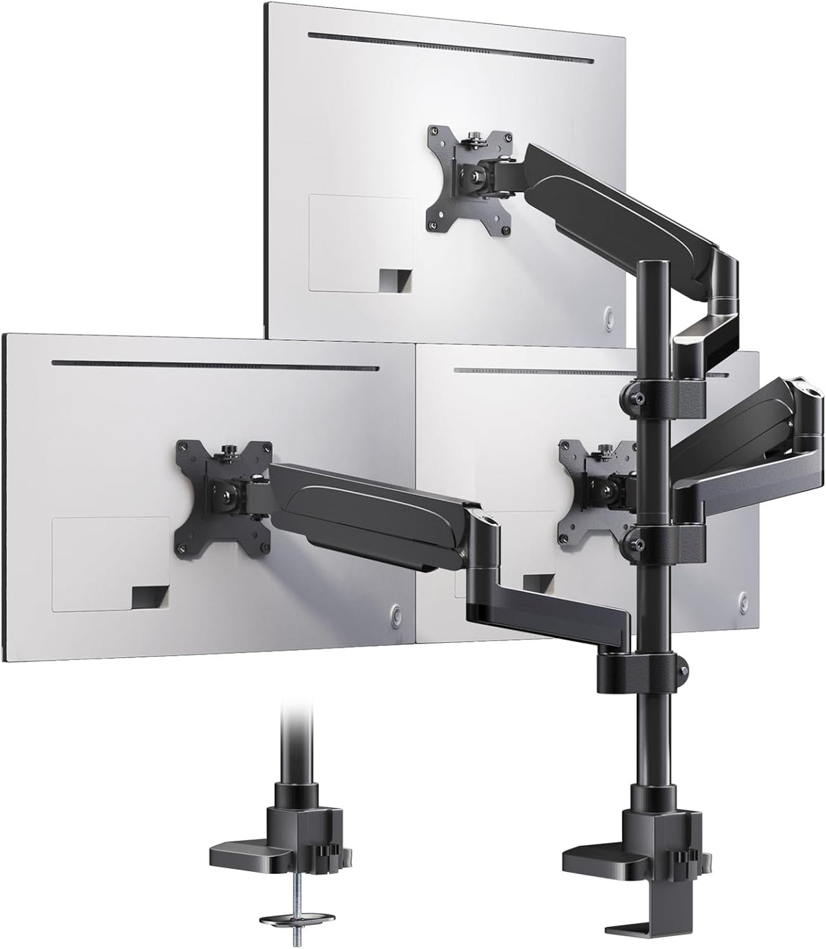 PUTORSEN Monitorhouder, 3 monitoren voor 17-32 inch beeldscherm, monitorhouder, 3 monitoren, in hoogte verstelbaar, met 9 kg per arm, 67 cm stang, zwenkbaar, kantelbaar, VESA 75/100 mm