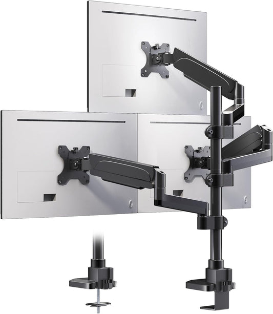 PUTORSEN Monitorhouder, 3 monitoren voor 17-32 inch beeldscherm, monitorhouder, 3 monitoren, in hoogte verstelbaar, met 9 kg per arm, 67 cm stang, zwenkbaar, kantelbaar, VESA 75/100 mm
