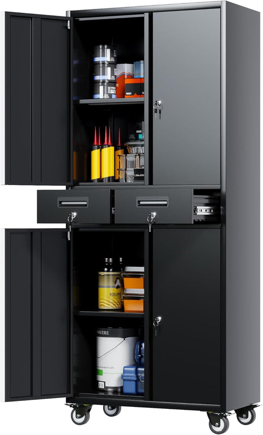 180 cm archiefkast, metalen garage-opbergkast met 4 wielen en 2 laden, opbergkast voor rolgereedschap met vergrendelingsdeuren en verstelbare planken, heavy duty stalen gereedschapskast (zwart)