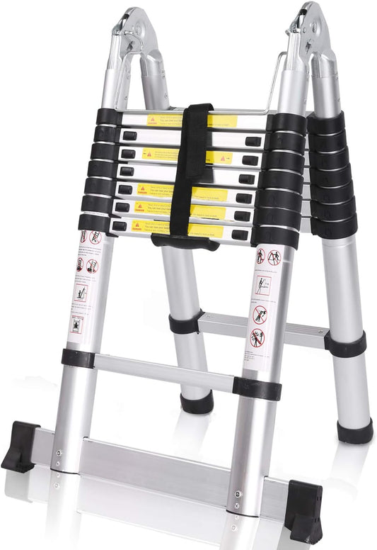 COOCHEER Telescopische ladder, aluminium, 5 m, vouwladder, uittrekbare ladder, multifunctionele ladder, 16 treden, staande ladder, max. draagvermogen 150 kg, zilver