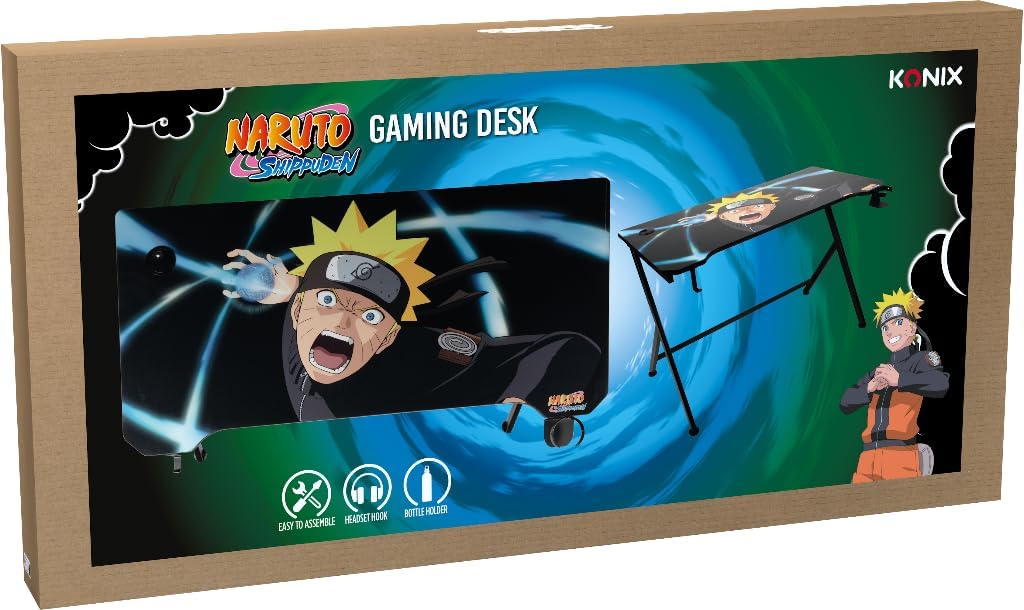Konix Naruto Shippuden Gamingtafel, 121 x 69 x 76 cm, Y-vorm, houten en metalen tafel, bekerhouder, oortelefoonhouder, Naruto gazonmotief