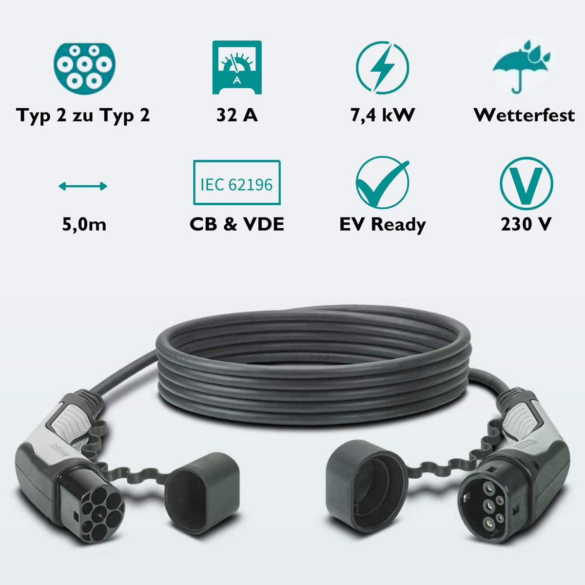 Phoenix Contact Super EV Oplaadkabel TYPE 2 - TYPE 2 (Mennekes) | 32 A | 1 fase | Lengte 5 M | 7,4 kW + vrije compacte tas (5 meter, 1 fase)