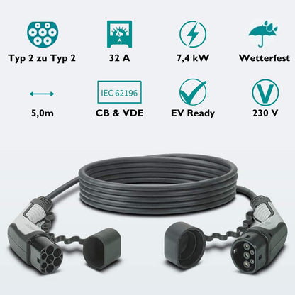 Phoenix Contact Super EV Oplaadkabel TYPE 2 - TYPE 2 (Mennekes) | 32 A | 1 fase | Lengte 5 M | 7,4 kW + vrije compacte tas (5 meter, 1 fase)