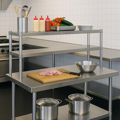 Wiltec werktafel van roestvrij staal 120x60x145 cm tot 120 kg, tafel met twee hoge planken en onderste legplank, roestvrijstalen werkbank met verstelbare tafelpoten en veel ruimte