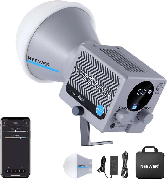 NEEWER HS60B videolamp mini studiolamp met app-bediening, 60 W continu licht draagbare tweekleurige COB LED studiolamp, 35000Lux/1m, 2700K - 6500K 0-100% PWM dimming, CRI/TLCI 97+, 12 scènes, USB type