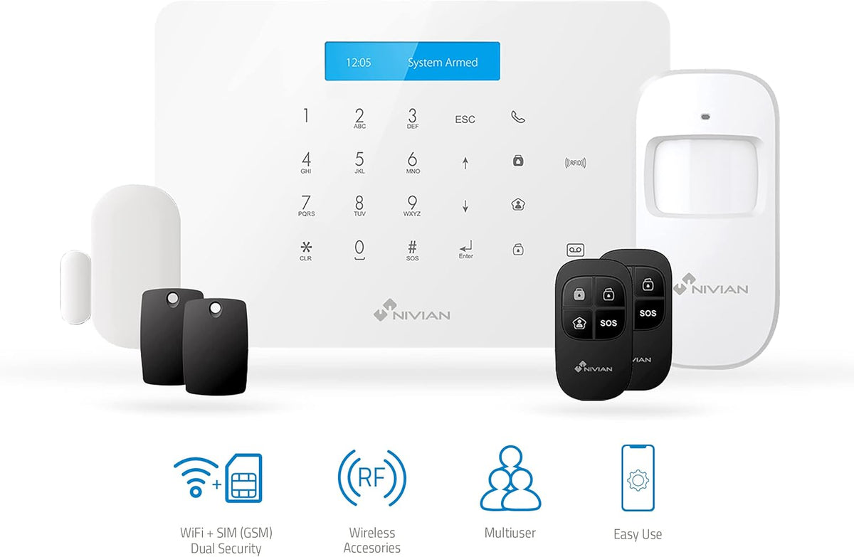 Nivian Alarmsysteem voor thuis en bedrijf, zonder maandelijkse kosten, wifi/GSM-alarmset, afstandsbediening via Tuya-app, eenvoudige installatie zonder kabel, tot 60 detectoren