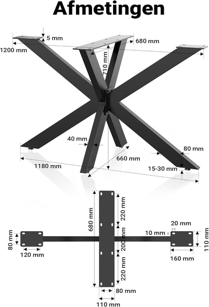 XPOtool stalen tafelpoot onderstel spider 71x68x120cm zwart matrixpoot tafelframe spin vorm