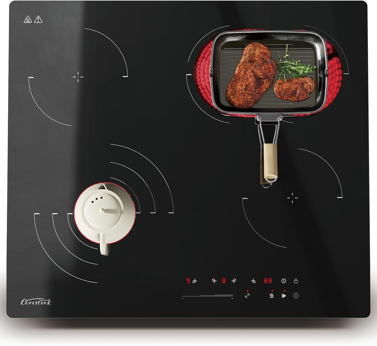 COVERCOOK Keramische kookplaat, ingebouwde 4-zone elektrische kookplaat 60 cm, keramische kookplaat, 6700W, dubbele ovale zone, drievoudige dubbele ringfunctie, timer, veiligheidsslot, geen stekker