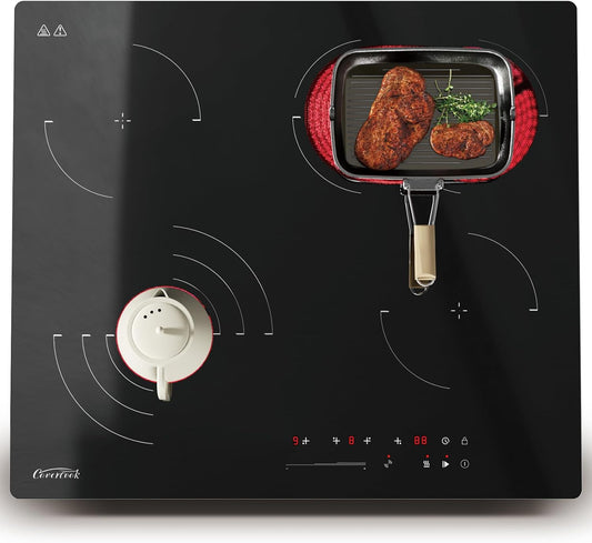 COVERCOOK Keramische kookplaat, ingebouwde 4-zone elektrische kookplaat 60 cm, keramische kookplaat, 6700W, dubbele ovale zone, drievoudige dubbele ringfunctie, timer, veiligheidsslot, geen stekker