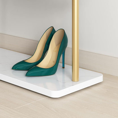 TIEOU Gouden kledingrek met plank, gouden kledingrekken voor boetieks, vrijstaand kledingrek voor hangende kleding, gouden kapstok, klein metalen kledingrek voor zwaar gebruik, Industrieel kledingrek