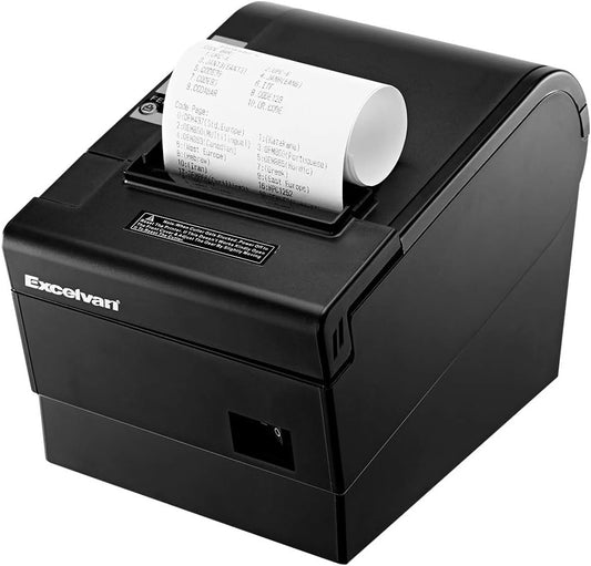 Excelvan Thermische printer, 80 mm, 300 mm/s, hoge snelheid, draagbaar, automatisch, met seriële poort, USB-poort, ladedeur, voor restaurant ESC/POS Shop