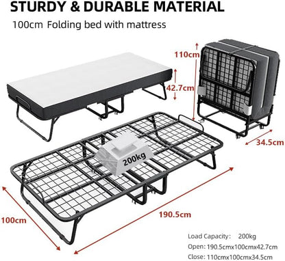 Deluxe opklapbed (incl. 13 cm dik traagschuimmatras), inklapbaar logeerbed, volwassenen 100 x 190 cm, metalen klapframe, versterkt metalen rooster, stofbestendige opbergtas, belastbaarheid 250 kg
