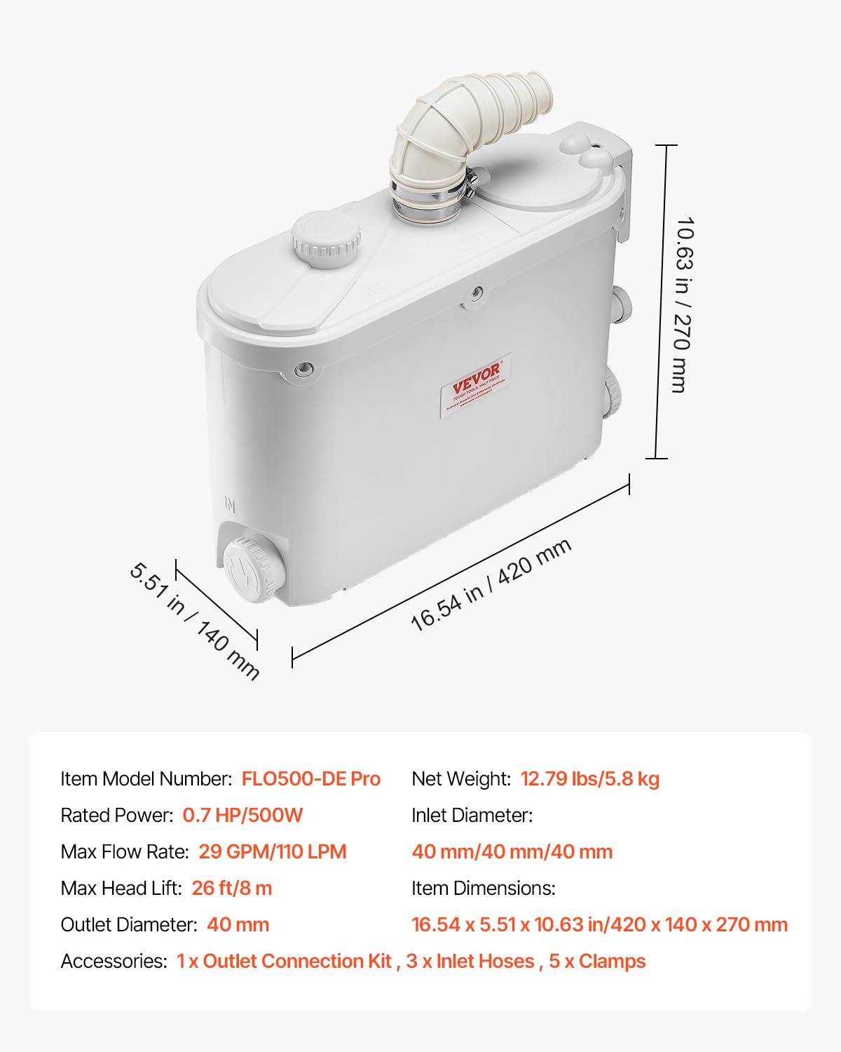 VEVOR Fognario Toilet Shredding Pump, 500 W, Flow Rate 110 LPM, 8 m Head with 4 Water Inputs, Waste Water Drain Machine for Kitchen, Basement, Shower