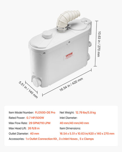 VEVOR Fognario Toilet Shredding Pump, 500 W, Flow Rate 110 LPM, 8 m Head with 4 Water Inputs, Waste Water Drain Machine for Kitchen, Basement, Shower