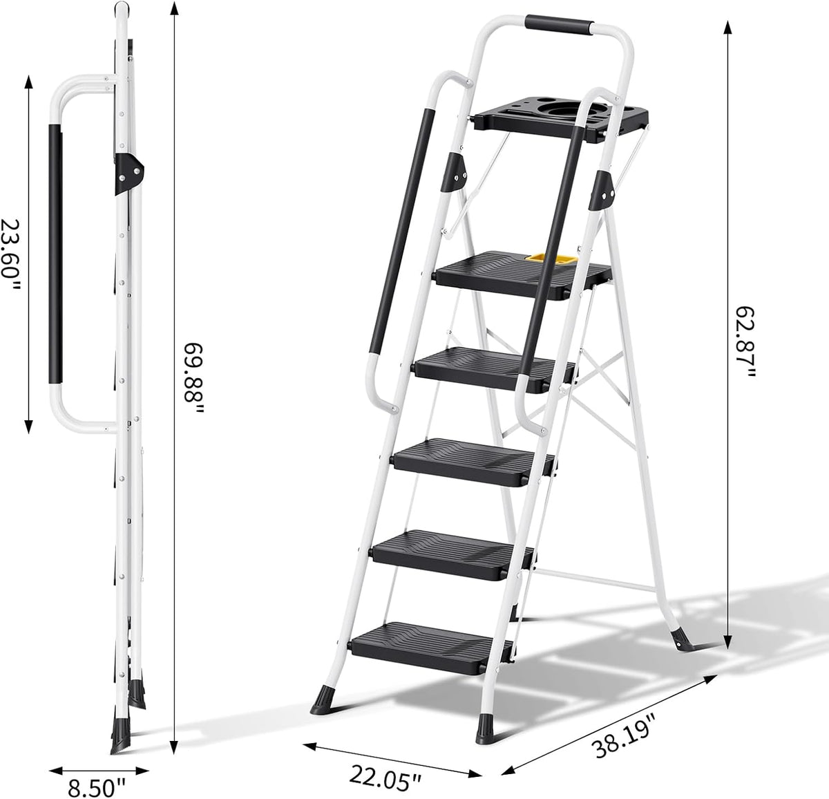 KINGRACK Ladder 5-staps met 150kg Capaciteit, Opvouwbaar Trapladder Vouwladder met Veilige Vergrendeling Gereedschapsbak Brede Antislip Pedalen Leuningen, Huishoudladder voor Thuis Kantoor Kasten, Wit