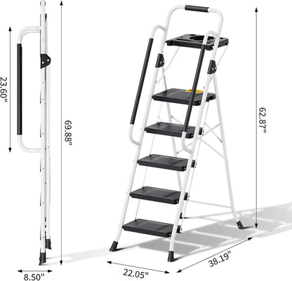 KINGRACK Ladder 5-staps met 150kg Capaciteit, Opvouwbaar Trapladder Vouwladder met Veilige Vergrendeling Gereedschapsbak Brede Antislip Pedalen Leuningen, Huishoudladder voor Thuis Kantoor Kasten, Wit