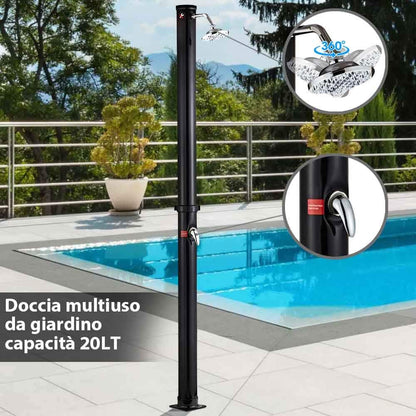 BAKAJI Douche op zonne-energie voor tuin, zwembad, outdoor, camping, 20 l, met verstelbare douchekop, warmwatermixer, aansluiting voor de tuin, afmetingen 220 x 16,5 x 16,5 cm