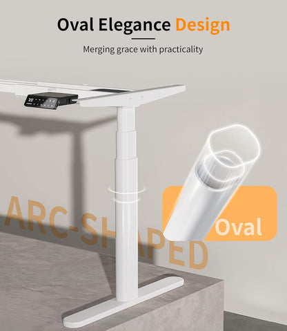 MAIDeSITe Height Adjustable Desk EL2 Plus Art Electric Desk with 2 Powerful Motors, Elegant Oval Table Frame, 4 Memory Heights and Impact Protection (White) - QUORE
