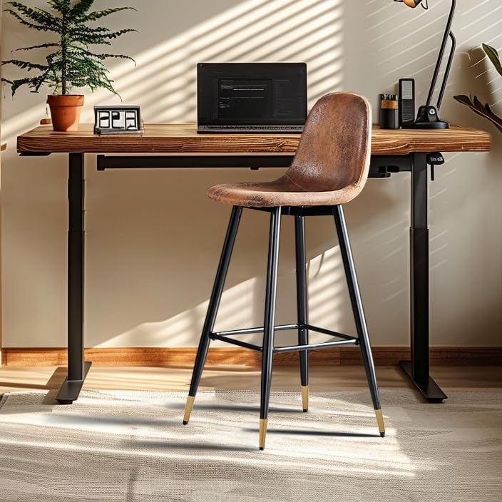 MEUBLE COSY Barkrukken, set van 4 barstoel vintage, met rugleuning en voetensteun, van kunstsuède, vergulde metalen poten, voor bistro, café, keuken, bruin, 45,5x49x103,5cm