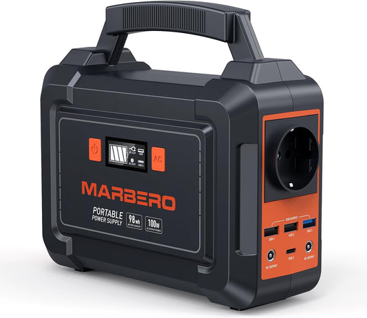 MARBERO 150 W powerstation, zonne-generatoren, 98 Wh, campingaccu, voeding met 220 V stopcontact, gelijkstroomaansluitingen, USB-aansluitingen, led voor CPAP buiten, camping, reizen, jacht,