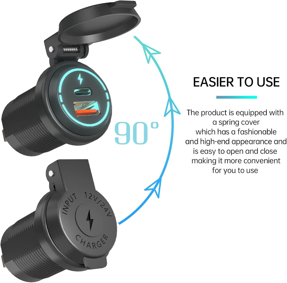 usb lader motorfiets – motor usb aansluiting – motorfiets oplader – usb charger motor – usb poort motorfiets – Waterdicht IP67 – Snelle QC3.0 & PD 30W Oplader met Blauwe Led
