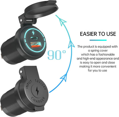 usb lader motorfiets – motor usb aansluiting – motorfiets oplader – usb charger motor – usb poort motorfiets – Waterdicht IP67 – Snelle QC3.0 & PD 30W Oplader met Blauwe Led