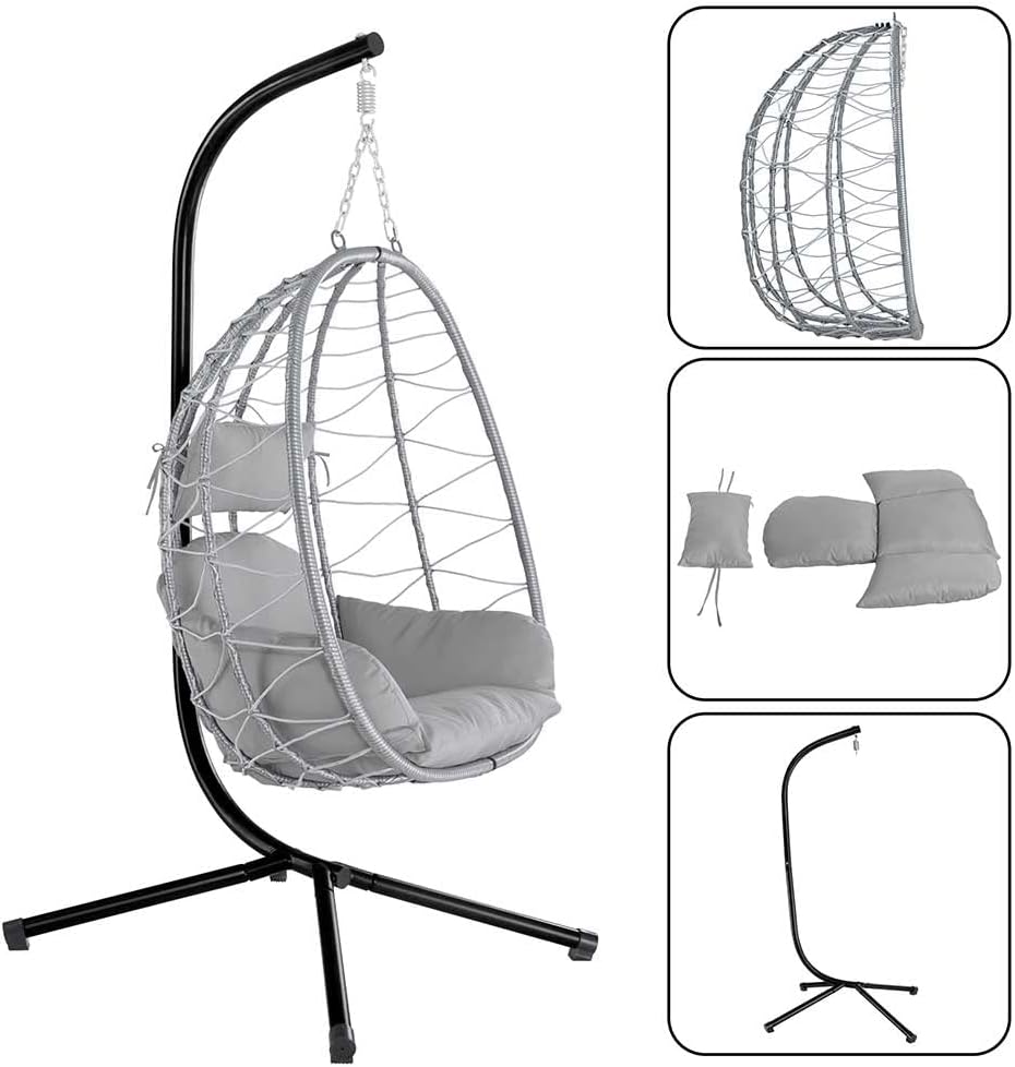 Bakaji Hangstoel voor de tuin, schommelstoel, hangmat voor buiten, frame van metaal, nest van rotan en touw + gewatteerd zitkussen en hoofdsteun, 198 x 110 x 95 cm, grijs