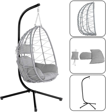 Bakaji Hangstoel voor de tuin, schommelstoel, hangmat voor buiten, frame van metaal, nest van rotan en touw + gewatteerd zitkussen en hoofdsteun, 198 x 110 x 95 cm, grijs