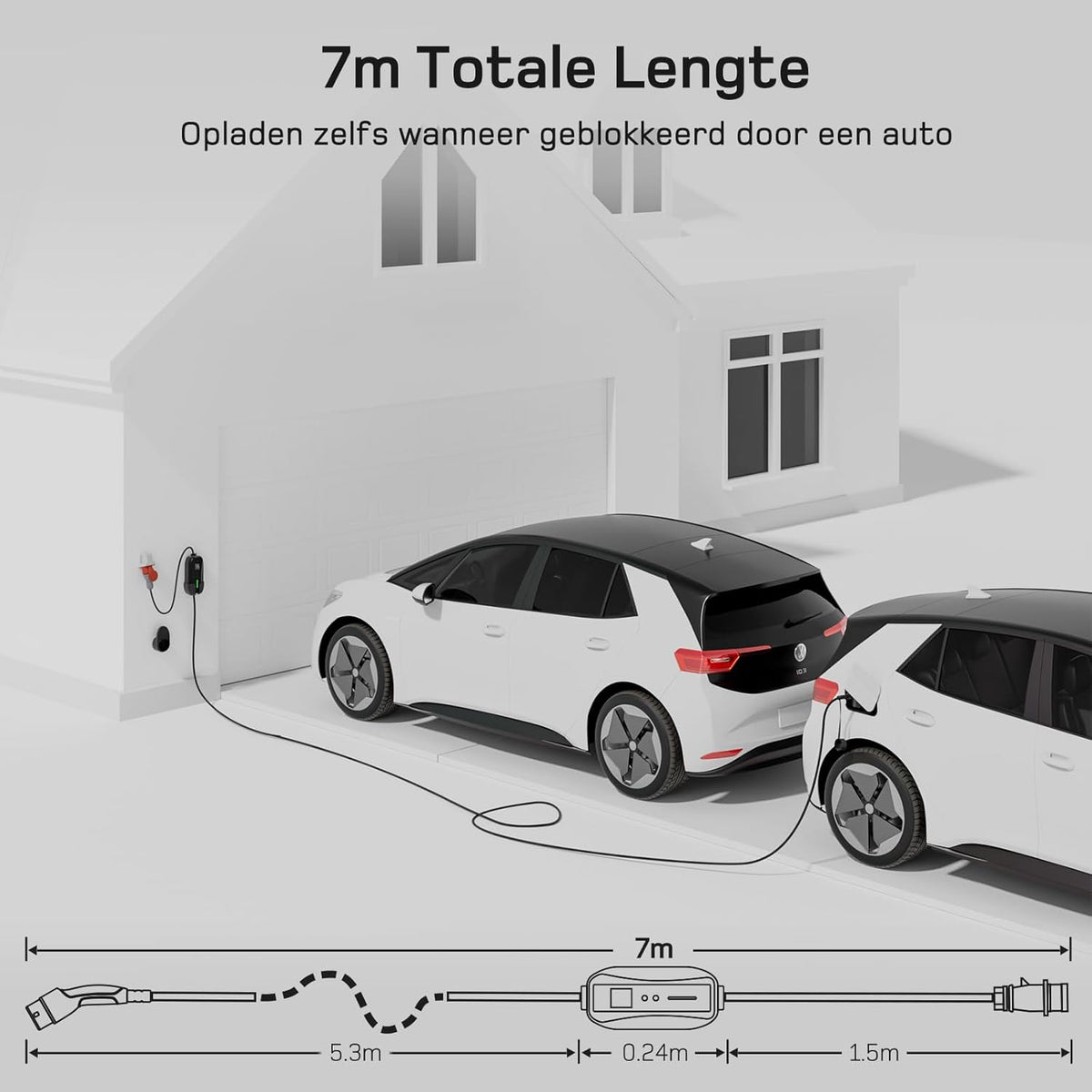 dé EV Charger Type 2 11kW [7m, 3-Fase, 6-16A] Laadpaal 11kW 3 Fase met instelbaar laadvermogen, Mobile Wallbox voor model Y/3, ID.3/4/5, Enyaq, EX30/XC40, Niro en Andere EV&PHEV