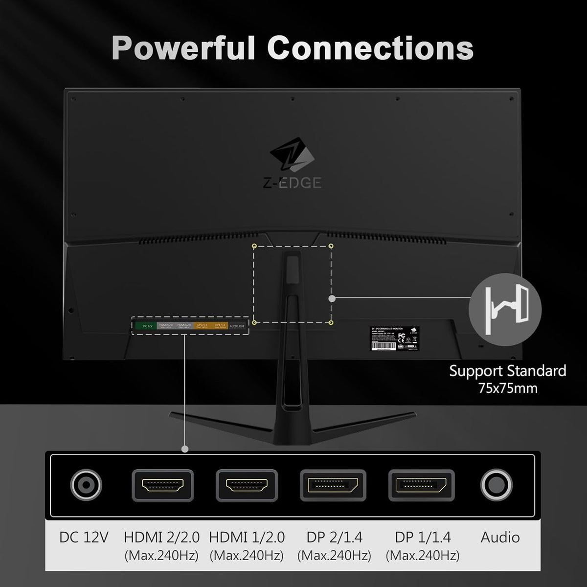 Z-Edge Gaming PC-scherm 24'' 240 Hz, IPS-paneel, 1ms, FreeSync, FHD(1920x1080), Gamingmonitor 16:9, Verstelbare helling, 2× HDMI2.0 & 2× DP1.4, 350cd/m², HDR10, VESA 75 * 75mm (DP-kabel inbegrepen)