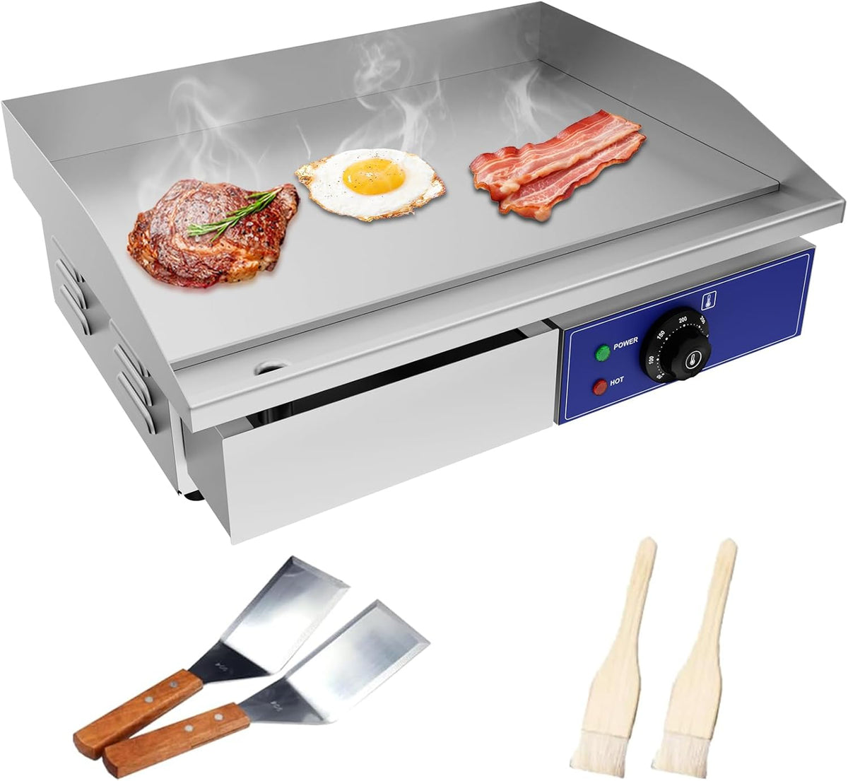 TAIMIKO Professionele elektrische grillplaat, 55 x 35,5 cm, gladde kookplaat, 2 kookzones, 3000 W, commercieel, BBQ-grillplaat, roestvrij staal, opzetbare grill met thermostaat en afneembare sapschaal
