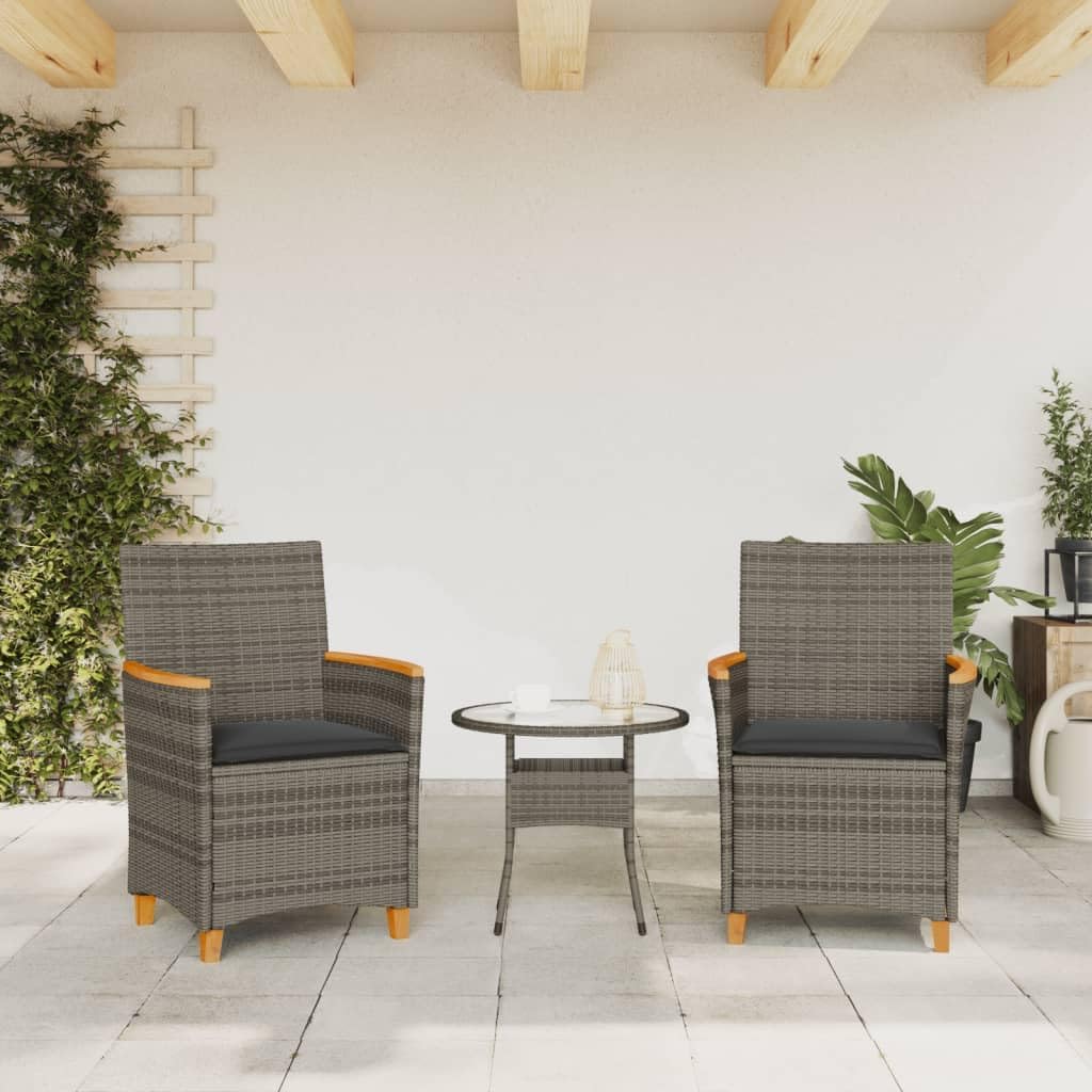 LAPOOH Garden Chairs with Cushions 2 Pieces Grey Poly Rattan and Solid Wood, Garden Chair, Patio Chair, Garden Dining Chair-368721 - QUORE