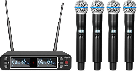 Draadloos Microfoonsysteem 4-Kanaals – Draadloze Microfoonset, Microfoonset, Karaoke Set, Handheld Dynamische Microfoons – UHF Technologie – Bereik Tot 79 Meter