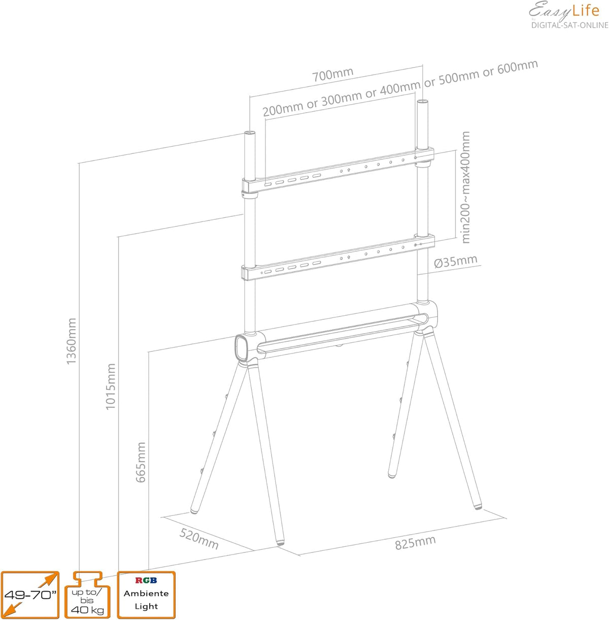 Tv-Statief – Tv-Standaard – Tv-Houder – Monitorhouder – Tv-Ezel – 4-Poots Grafiet/Walnoot Donker – In Hoogte Verstelbaar Tot 70 Inch En 40 Kg – LED-Sfeerverlichting Met Afstandsbediening