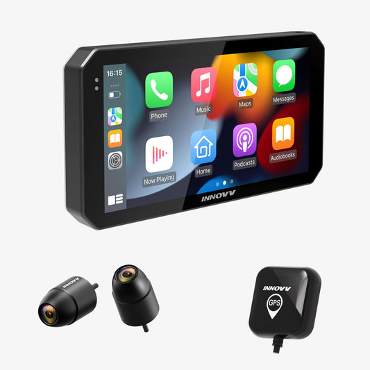 INNOVV N2 Motorfiets Carplay Dash Cam, 6 inch touchscreen ondersteuning Android Auto & iOS, 2K + 2K camera voor en achter met GPS-navigatie, parkeermodus, muziek, 5,8G wifi, IP67 waterdicht, App
