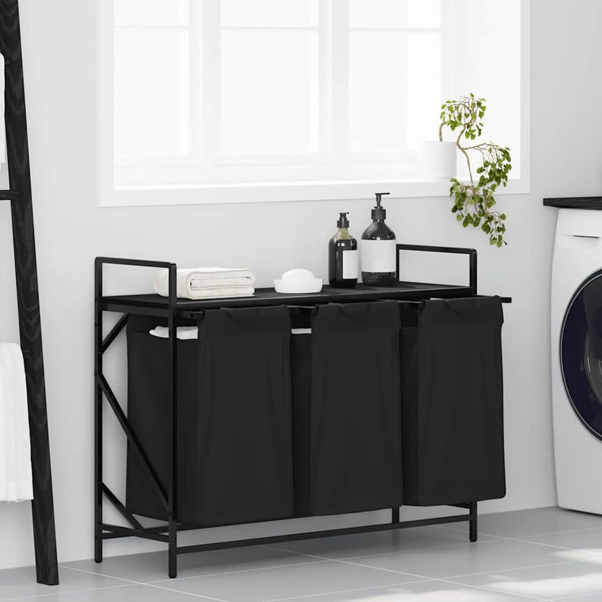 Wasmand – Laundry Basket – Wasbak – Wasbox – Laundry Hamper – 3 Compartiments – Zwart Eikenhout – Stalen Frame – Met Opbergrek