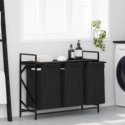 Wasmand – Laundry Basket – Wasbak – Wasbox – Laundry Hamper – 3 Compartiments – Zwart Eikenhout – Stalen Frame – Met Opbergrek