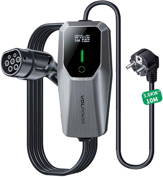 Oplaadkabel type 2, 3,6 kW /10 m oplaadkabel elektrische auto Schuko, 6A-16A led-display, draagbare EV oplader, type 2 oplaadkabel voor elektrische voertuigen met eenfasige EU-Schuko, IP65