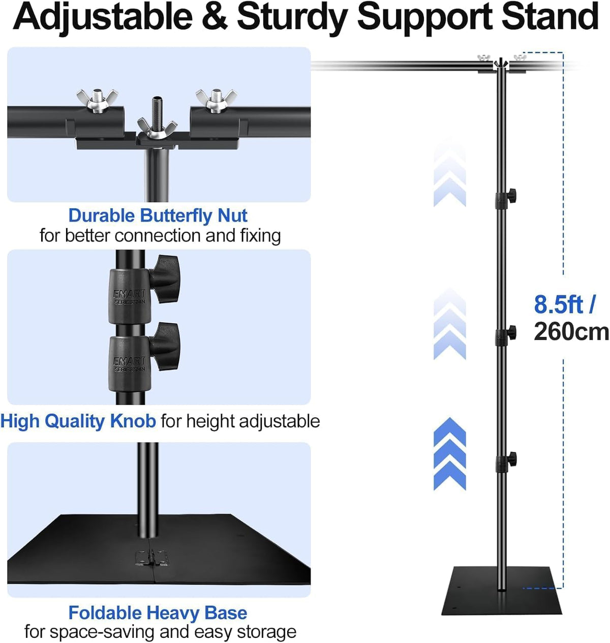EMART Backdrop Stand met Zware Stalen Basis 2,6x9M, Verstelbare Buizen en Drapping Backdrop Systeem, Ideaal voor Verjaardagen en Bruiloften - Zwart