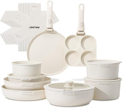 JEETEE Pots and Pans Set Non Stick 20 pieces, Kitchen Cookware Sets with Detachable Handle, Induction Nonstick Cookware Set with Removable Handle, Stackable RV Cookware, Oven Safe, PFOA Free - QUORE