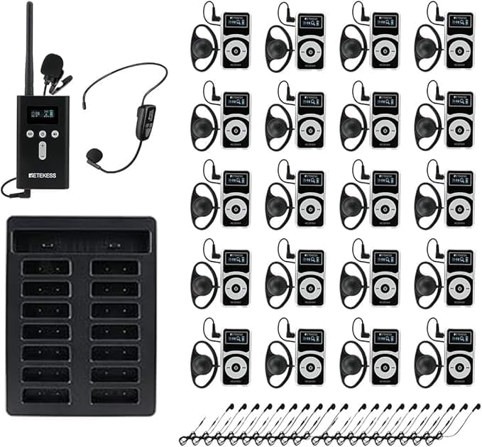 Retekess T130 Pro Audio Tour Guide System,Tourgidssysteem, Graded Noise Reduction, 100m, 49 kanalen, Type-c Opladen, Lange Standby-tijd 30 uur, D-vormige Hoofdtelefoon voor Toerisme