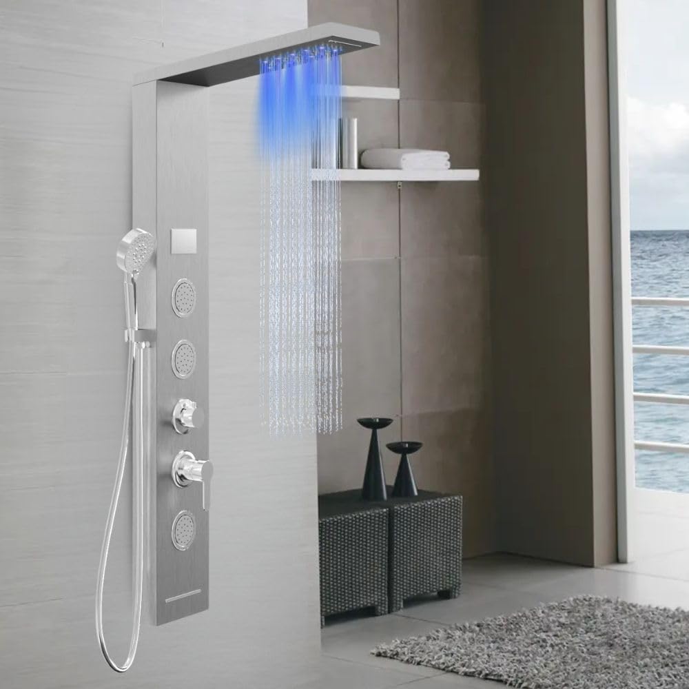 Douchepaneel Shine staal 4 functies LED-licht display temperatuureffect regen waterval antikalk (geborsteld chroom)
