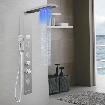 Douchepaneel Shine staal 4 functies LED-licht display temperatuureffect regen waterval antikalk (geborsteld chroom)