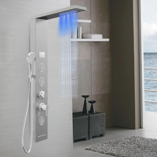 Douchepaneel Shine staal 4 functies LED-licht display temperatuureffect regen waterval antikalk (geborsteld chroom)