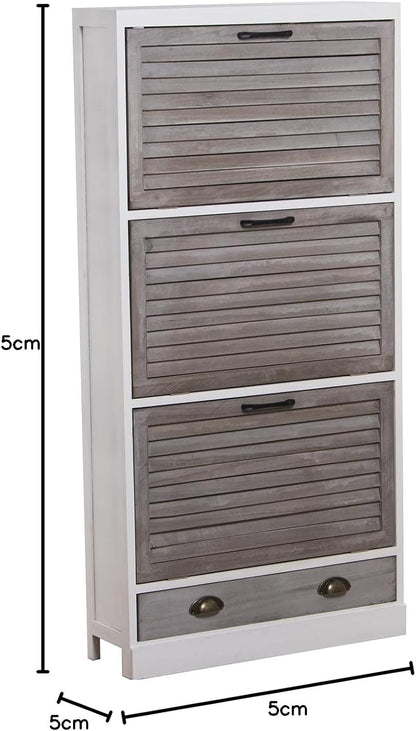 DRW Schoenenkast met 3 deuren en 1 lade van Paulownia in wit en grijs, 65 x 20 x 132 cm