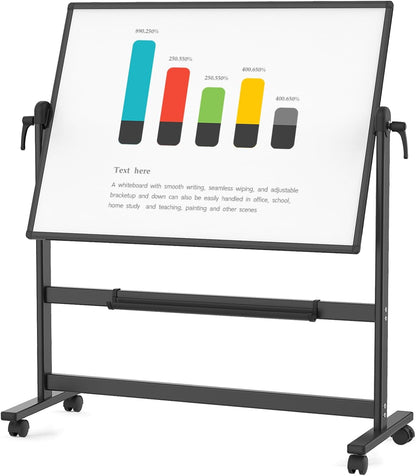 VIZ-PRO Dubbelzijdig magnetisch mobiel whiteboard, 120 x 90 cm, zwart aluminium frame en standaard