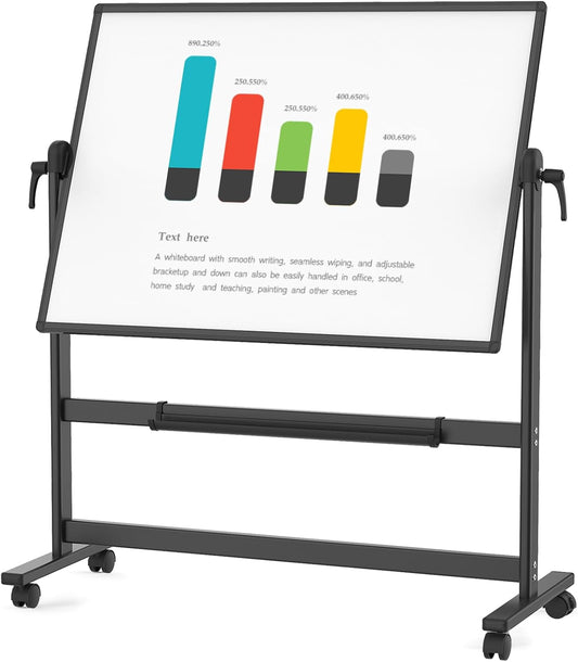 VIZ-PRO Dubbelzijdig magnetisch mobiel whiteboard, 120 x 90 cm, zwart aluminium frame en standaard